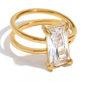 Unique CZ Solitaire Double Ring Stainless Steel